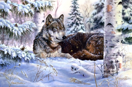 Wolf - wolf, winter, mark daehlin, lup, painting, art