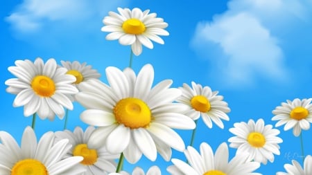 Daisies Deluxe - summer, spring, flowsers, chamomile, blue, garden, sky, firefox theme, clouds, daisies, floral