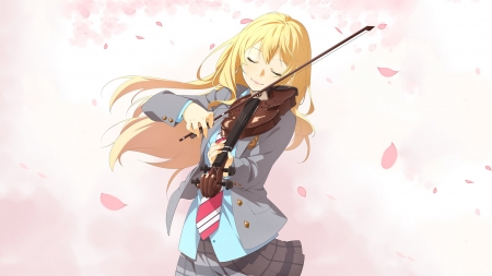 The Soloist - Blonde, Anime Girl, Smile, Petals, Anime, Long Hair, Eyes Closed, Violin, School Uniform, Seifuku