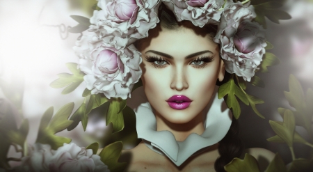 â™¡ - face, wreath, flowers, girl