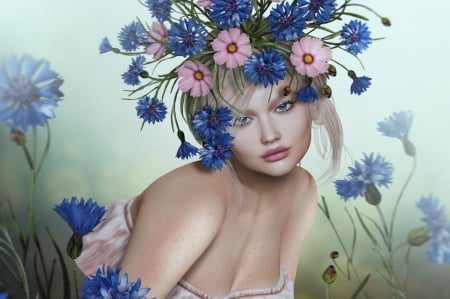 Blonde - wreath, flowers, girl, blonde