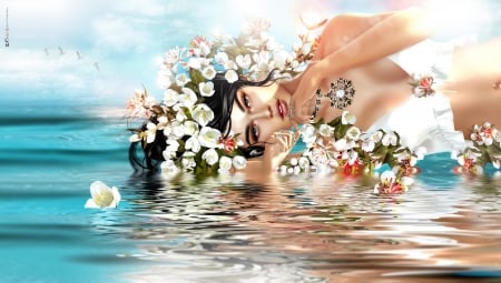 â™¡ - water, flowers, girl, reflection