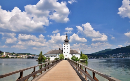 Lake Castle - clouds, lake, castle, bridge