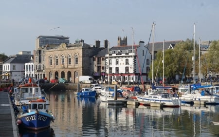 Port in Sutton, Plymouth, England - boats, England, water, harbor, houses, reflection