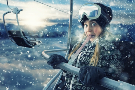 Don't lick frozen metal bars - tongue, girl, winter, funny, creative, fantasy, john wilhelm, situation, blue, frozen, little