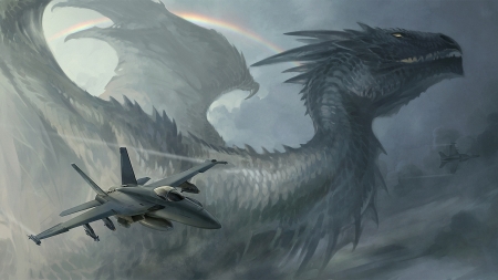 Dragon - art, grey, luminos, dragon, airplane, fantasy