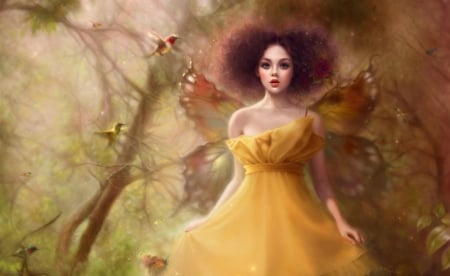 Fairy - girl, wings, frumusete, fantasy, butterfly, yellow, luminos, ruoxin zhang, fairy, dress