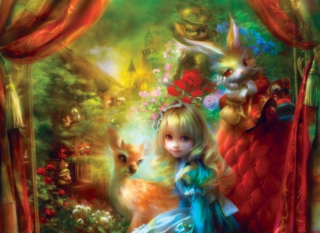 Alice - girl, white rabbit, fantasy, bunny, deer, shu, alice, red, blue, luminos, green