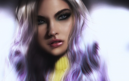 Girl - fantasy, purple, rendering, girl, face, hair, luminos