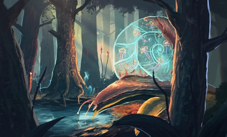 Snail - art, snail, forest, luminos, water, tree, fantasy