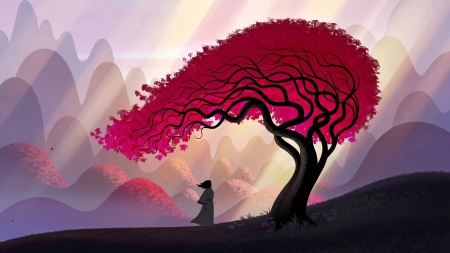 Windy day - art, luminos, pink, samurai, tree, black, fantasy, wind