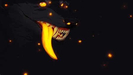 Wolf - tongue, lup, fantasy, wolf, caine, art, yellow, luminos, dog, fireflies