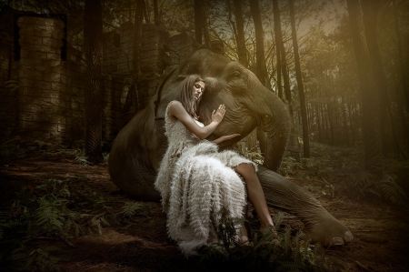 ♥ - white, animal, elephant, woman, model, dress, girl