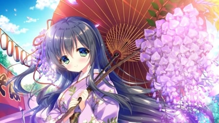 Girl - parasol, tagem, girl, pink, umbrella, anime, flower, manga