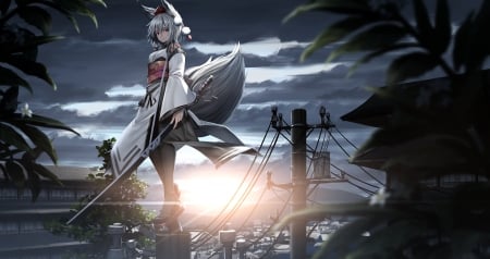 Momiji Inubashiri by ryosios - touhou, powerlines, foxgirl, katana, cityscape, momiji inubashiri, sunrise