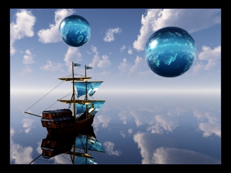 Beyond - clouds, ship, bubbles, sea, art, reflection, sky