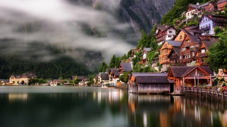 Hallstatt, Salzkammergut, Austria - nature, sky, lake, houses, reflection, clouds, mountains