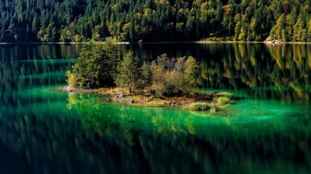 Eibsee Lake(Bavaria, Germany) - lake, pine, mountains, nature, forest, reflection, eibsee, alps, island, germany