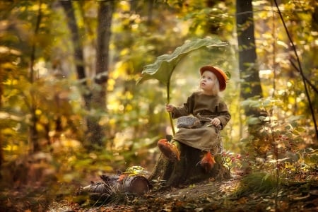 :) - girl, rain, umbrella, leaf, child, copil, cute, little