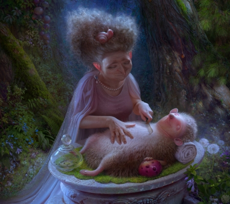 Hedgehog SPA - fantasy, pink, old woman, cornacchia art, cornacchiaart, luminos, hedgehog spa