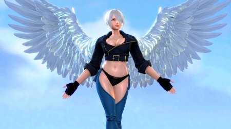 Angel - fantasy, white, blue, rendering, wings, girl, angel, feather