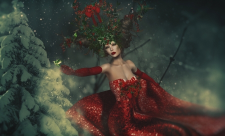 Christmas Lady - rendering, craciun, girl, fantasy, christmas, pasare, bird, purplecows, red, luminos