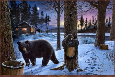 Midnight nack - bear, painitng, pictura, winter, cub, ervin molnar, art