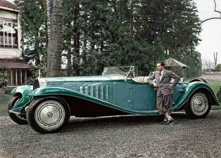 Jean Bugatti And Roadster 1932 - Trees, Car, Jean, Black, Green, Burgatti, Roadster 1932, House