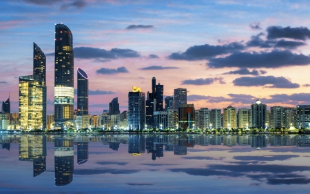 Etihad Towers, Abu Dhabi - evening, skyscrapers, city, reflection