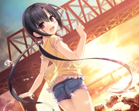 Fun At The River - maitetsu, fukami hayase, sunset, anime girl, black hair, big eyes, river, anime, shorts, bridge, purple eyes, blushing, long hair, loli, fukami, hayase, smile