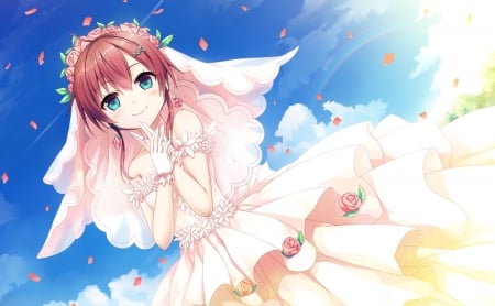 Blushing Bride - Red Eyes, Flowers, Anime Girl, Clouds, Blushing, Smile, Anime, Migita, Anime Bride, Maitetsu, Sky, Loli, Bride, Rainbow, Petals, Hibiki, Hibiki Migita, Big Eyes, Roses