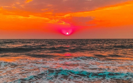 Ocean Sunset - horizon, sky, ocean, sunset, shore, waves, nature, red, orange, sea