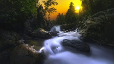 Forest Fall - fall, trees, nature, waterfall, forest, rocks, sun