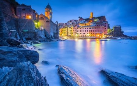 Vernazza at Dusk (Cinque Terre, Italy) - water, nature, lights, dusk, city, houses, italy, sky