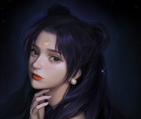 Luna - girl, dark, sailor moon, frumusete, fantasy, gin, face, art, luminos, luna