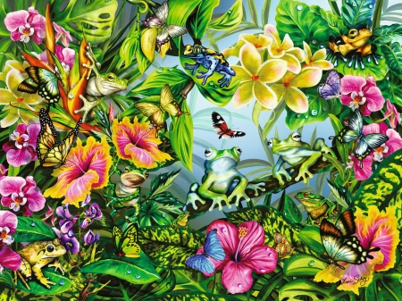 Find the frogs - summer, flower, pink, fantasy, butterfly, frog, luminos, vara, green