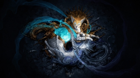 Fantasy cat - desktopography, cat, luminos, blue, pisica, fantasy