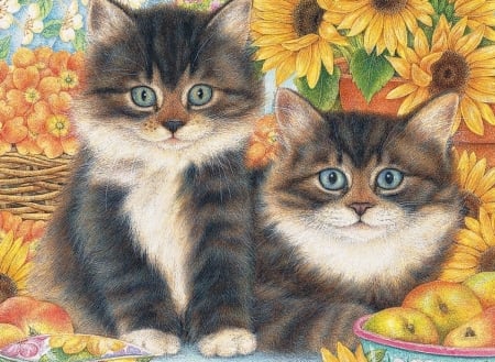 Kittens - pisica, kitten, cat, yellow, painting, sunflower, art