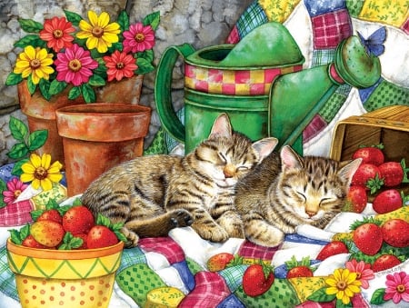 Sleeping kittens - painting, sleep, strawberry, art, pisica, fruit, flower