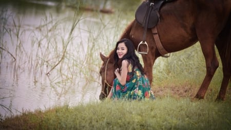 At The Lake . . - women, female, brunettes, western, cowgirl, style, outdoors, horses, ranch, lake