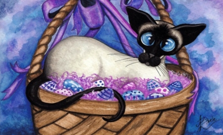 Siamese Cat Baskets - Cute, Purple, Siamese, Cat, White, Animals, black, Funny, Cats, Bow, Eggs, Brown