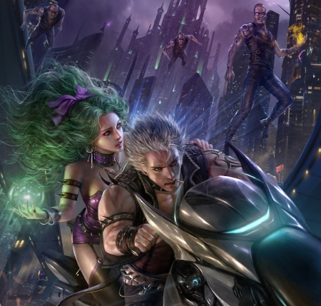 Spectrum of magic - motorcycle, fantasy, mansik yang, purple, green, girl, couple, man