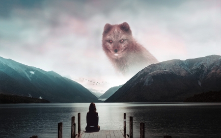 Wolf Watching Woman At Bridge - wolf, woman, sky, clouds, water, mountains, bridge