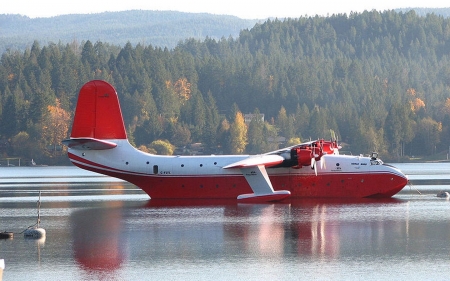 Seaplane - lake, seaplane, forest, red