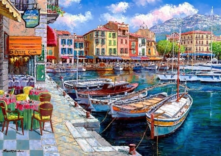 Cafe in Cassis - houses, boats, harbor, picturesque, painting, village, art, beautiful, cafe