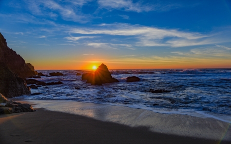 Seashore During Sunset - nature, sky, beach, shore, sunset, sea, rocks