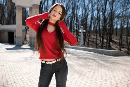 Ekaterina Kononova - jeans, red, model, brunette, top