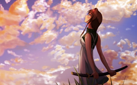 Sword Girl - sky, girl, clouds, anime, sword