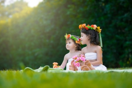 Little Girls - nature, children, green grass, summer, wreaths