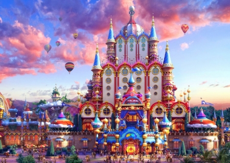 Fairyland - sky, building, people, clouds, digital, balloonssunset